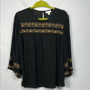 J. Jill Black Gauze Boho Embroidered 3/4 Sleeve Semi Sheer Babydoll Top Small